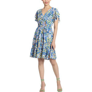 Maggy London Women's Floral Tiered Dress Women's 4 V Neck Flutter Sleeves Spring